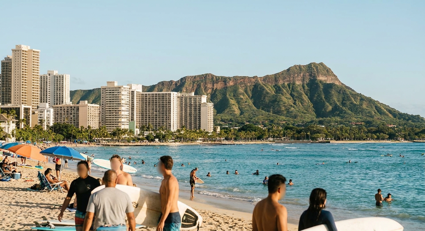 Waikiki Beach with Diamond Head volcanic crater in the background under a clear sky