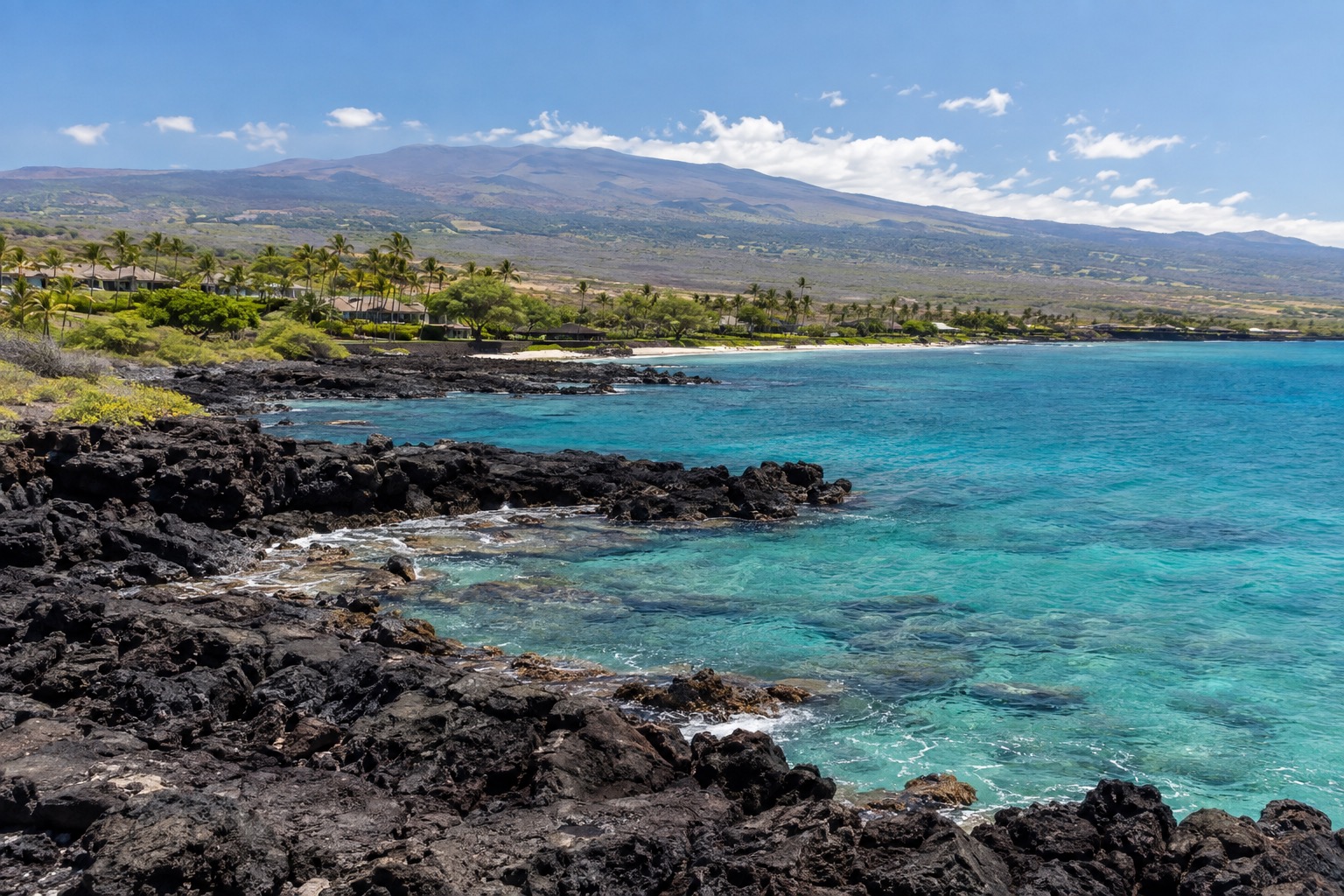 Black lava shoreline meeting turquoise water near a resort beach on Hawai'i Island's Kohala coast