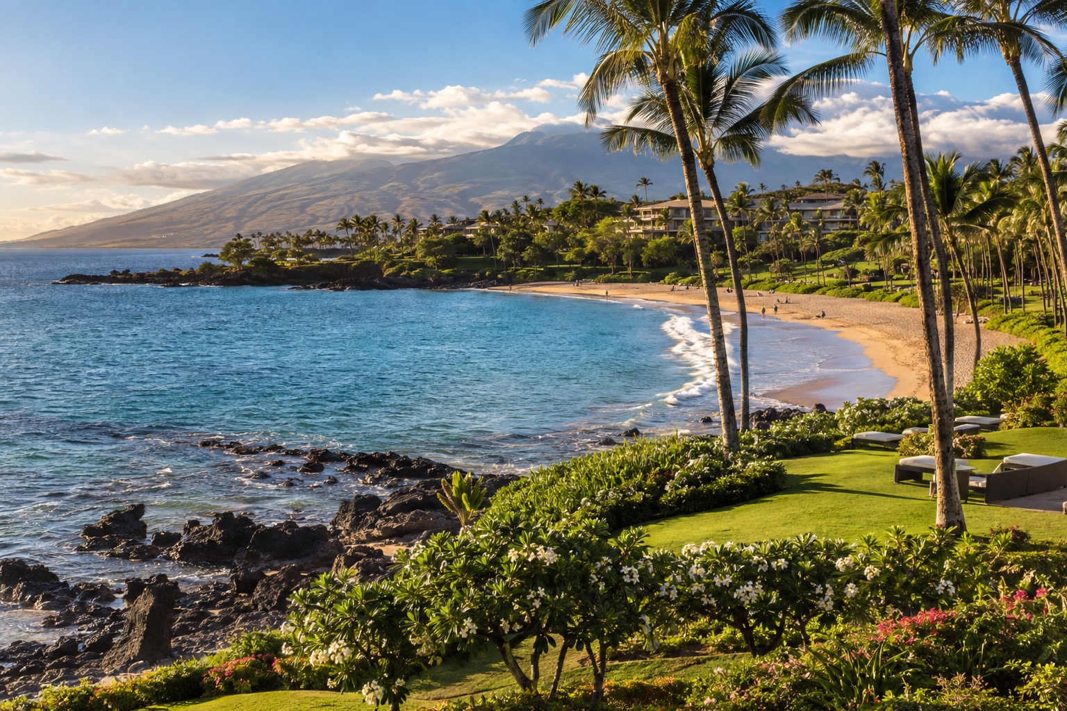 A crescent beach in Wailea with turquoise water, palm trees and a resort lawn in the foreground