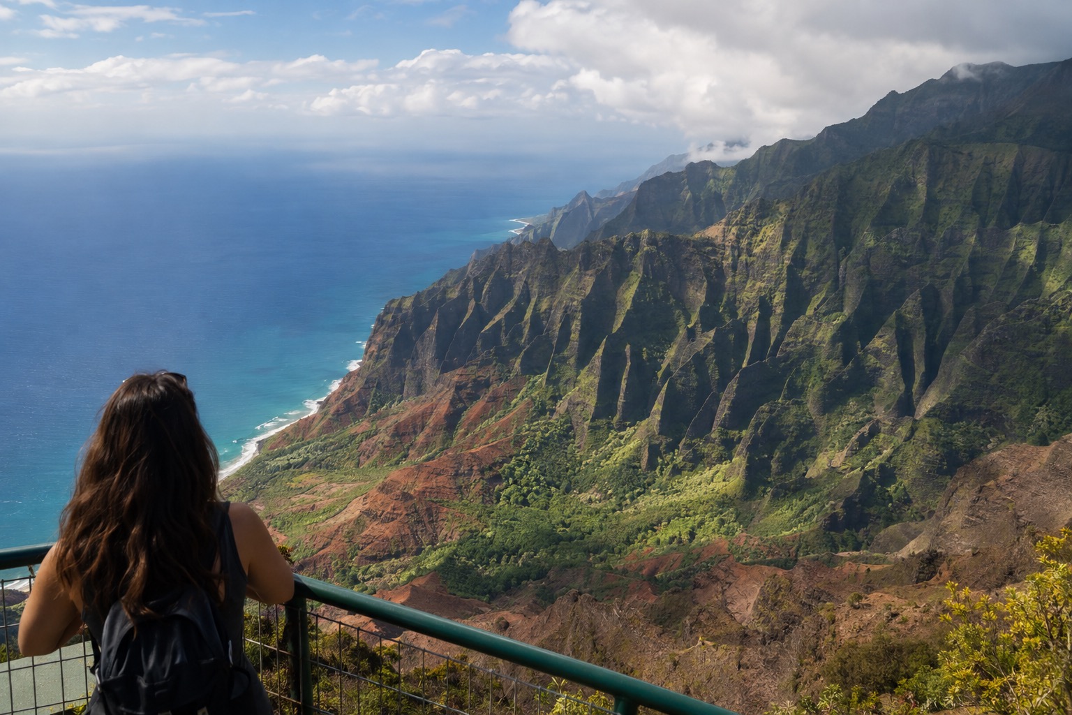 Layered red and green cliffs of Waimea Canyon under a partly cloudy sky, seen from an overlook railing