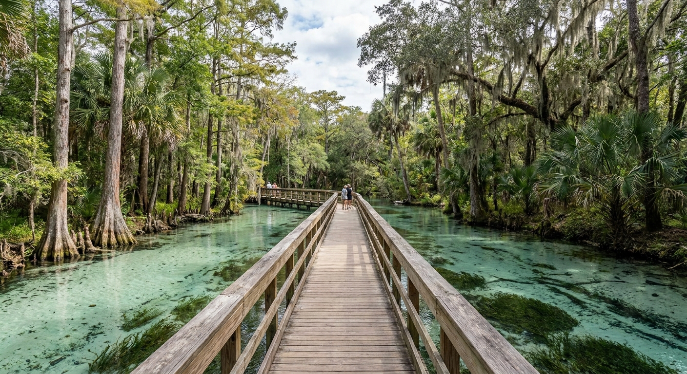 Boardwalk over a clear spring run lined with cypress and cabbage palms