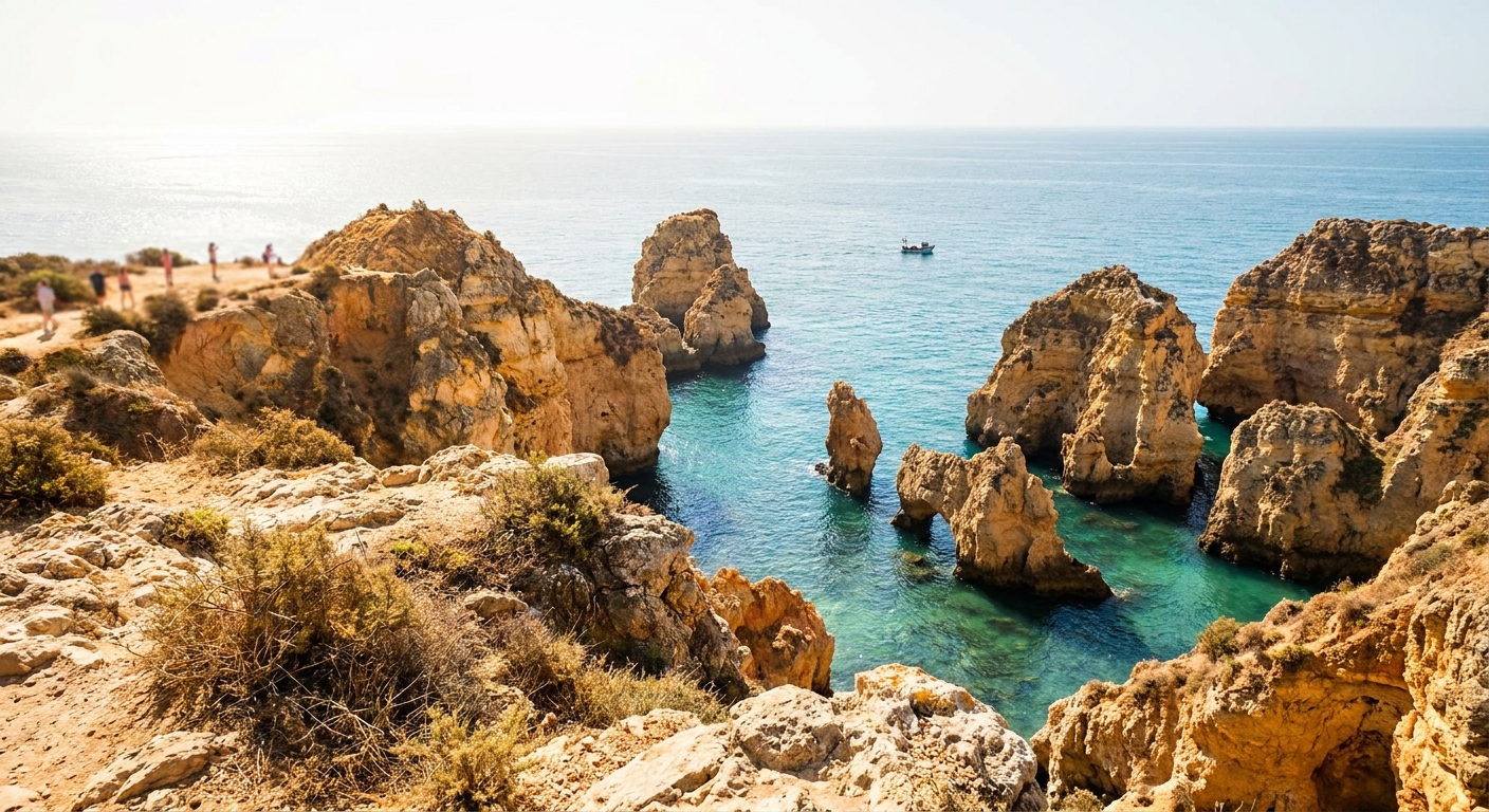 Limestone stacks and turquoise water at Ponta da Piedade near Lagos, Portugal