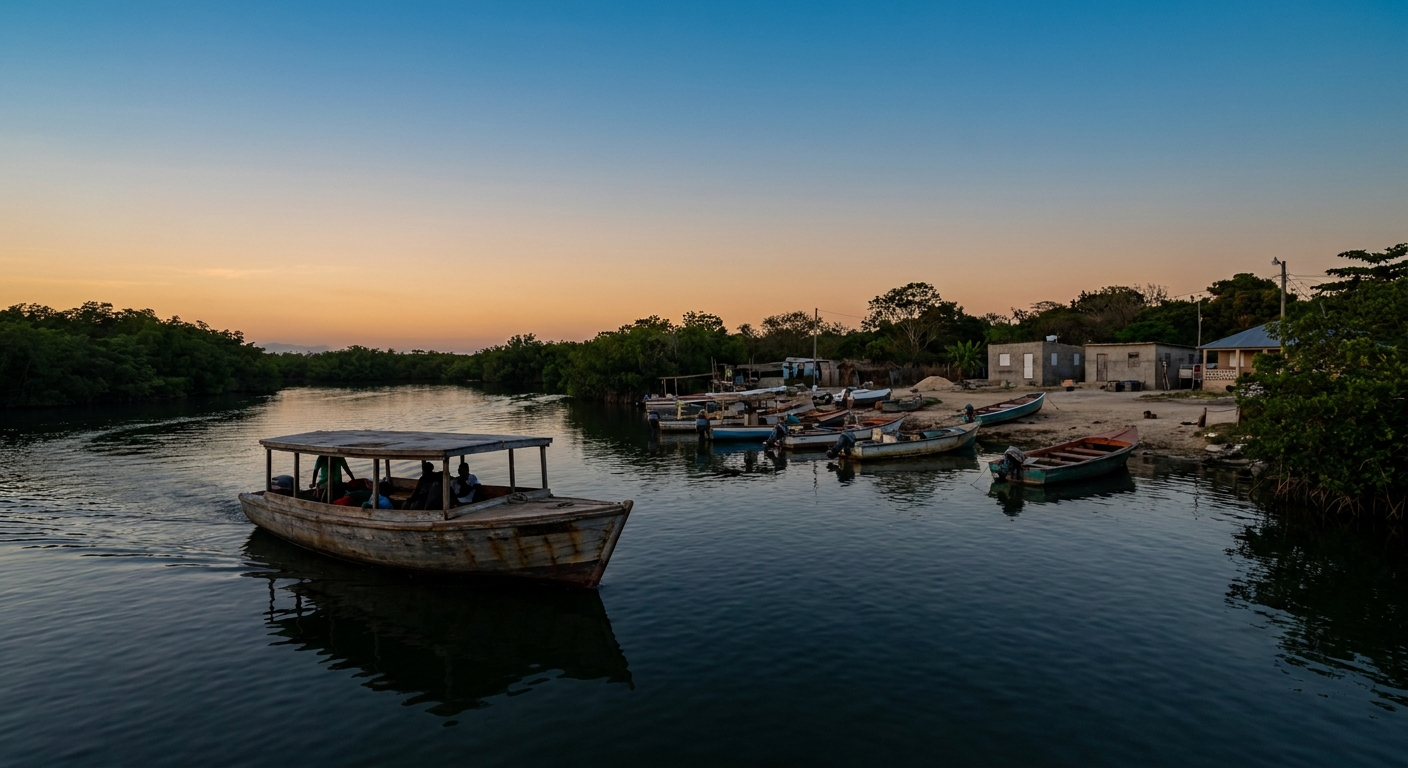 A small tour boat on dark water at the Luminous Lagoon near Falmouth, Jamaica