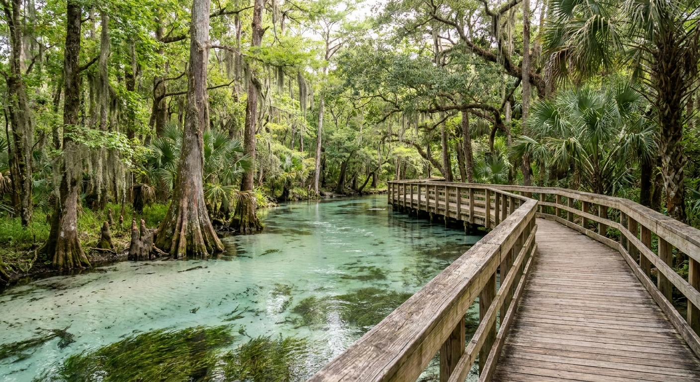 Clear spring water beside cypress trees and a wooden boardwalk in north Florida