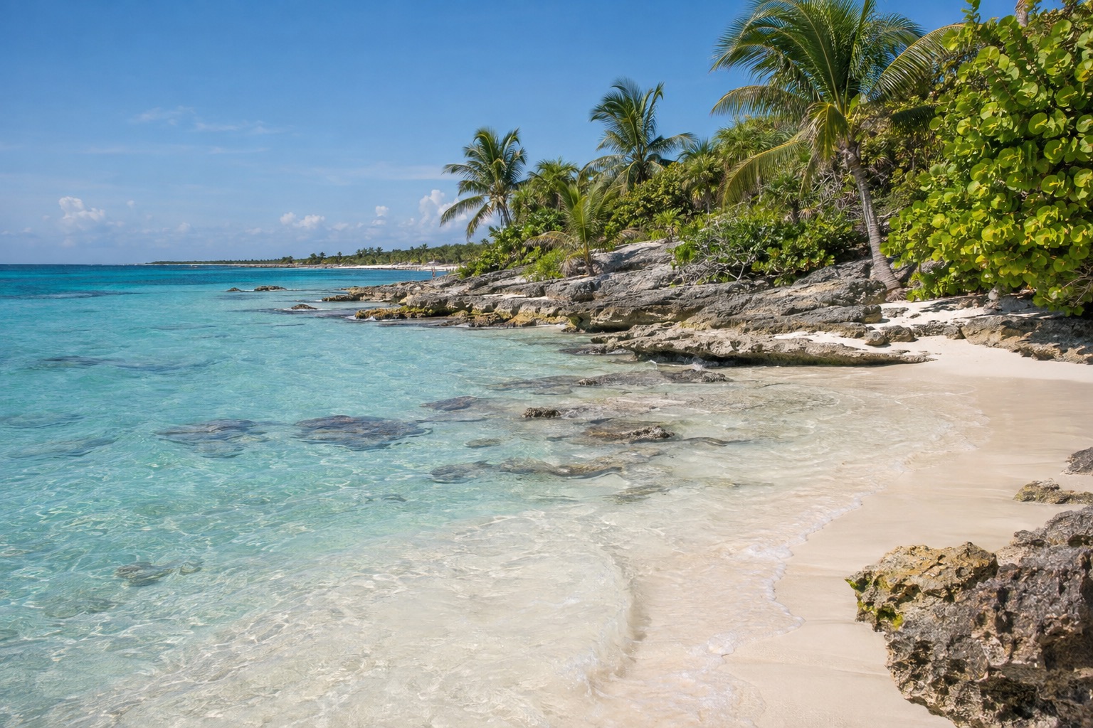 Shallow turquoise water lapping a pale sand beach along the Akumal shoreline