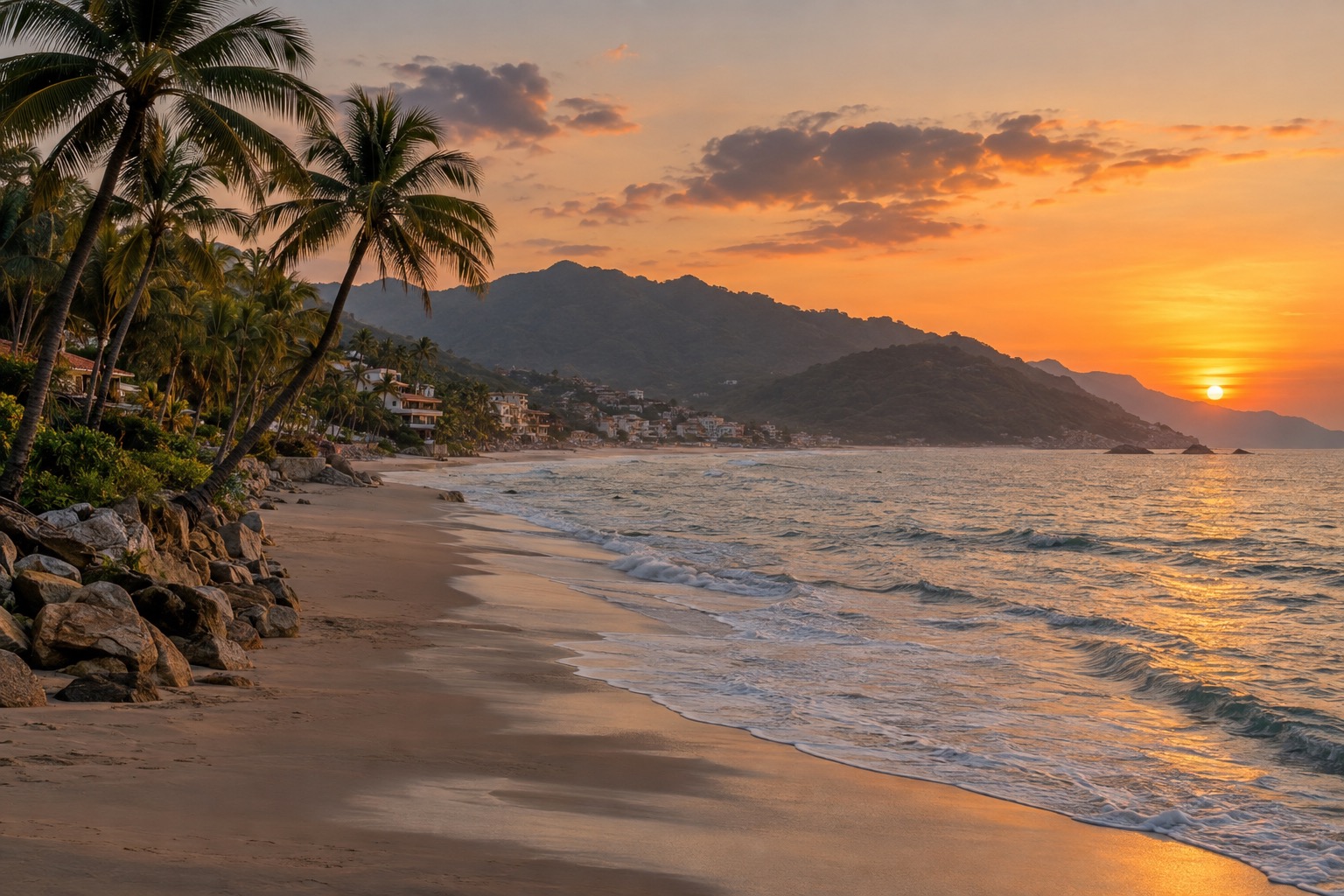 Turquoise sea meeting a white sand beach lined with palm trees