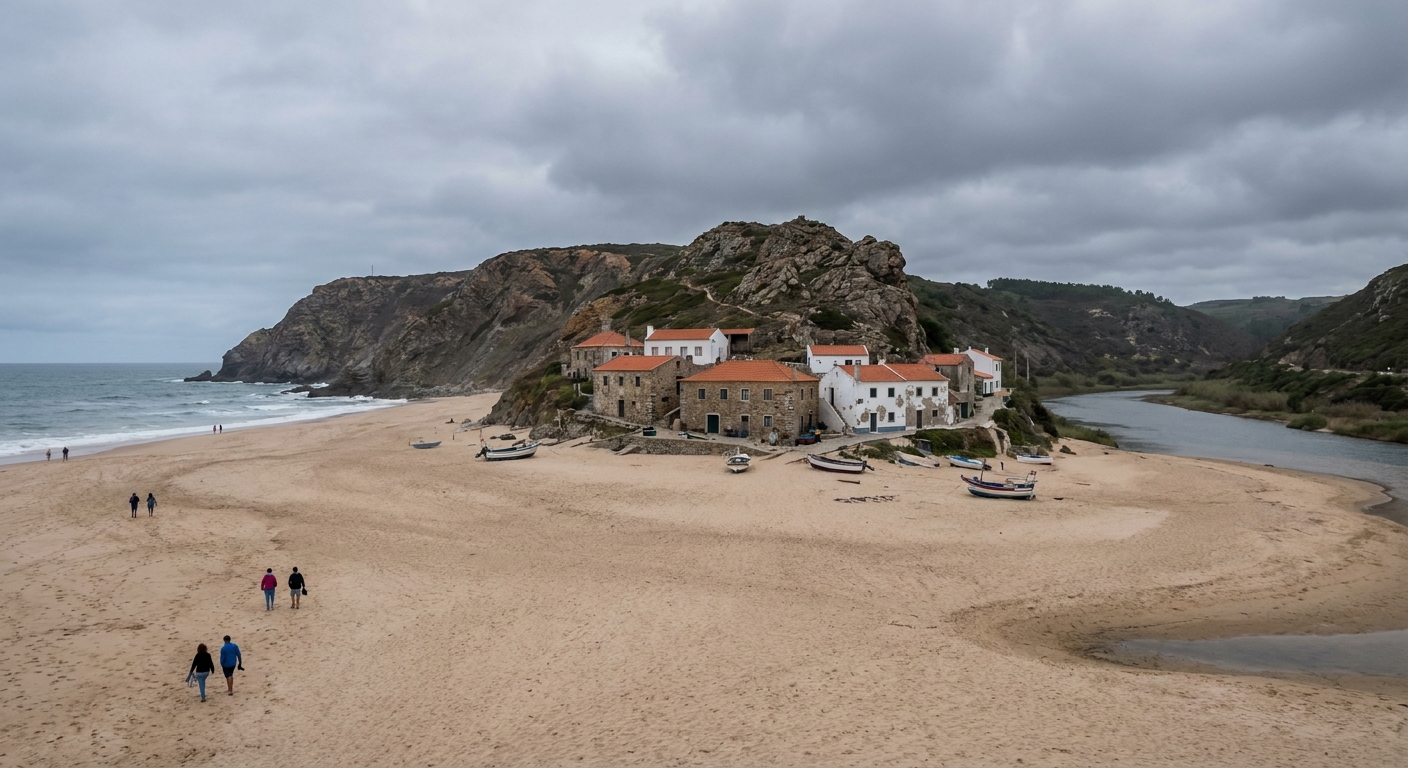 A wide sandy beach below a cliff headland with a fishing town at its foot under Atlantic cloud