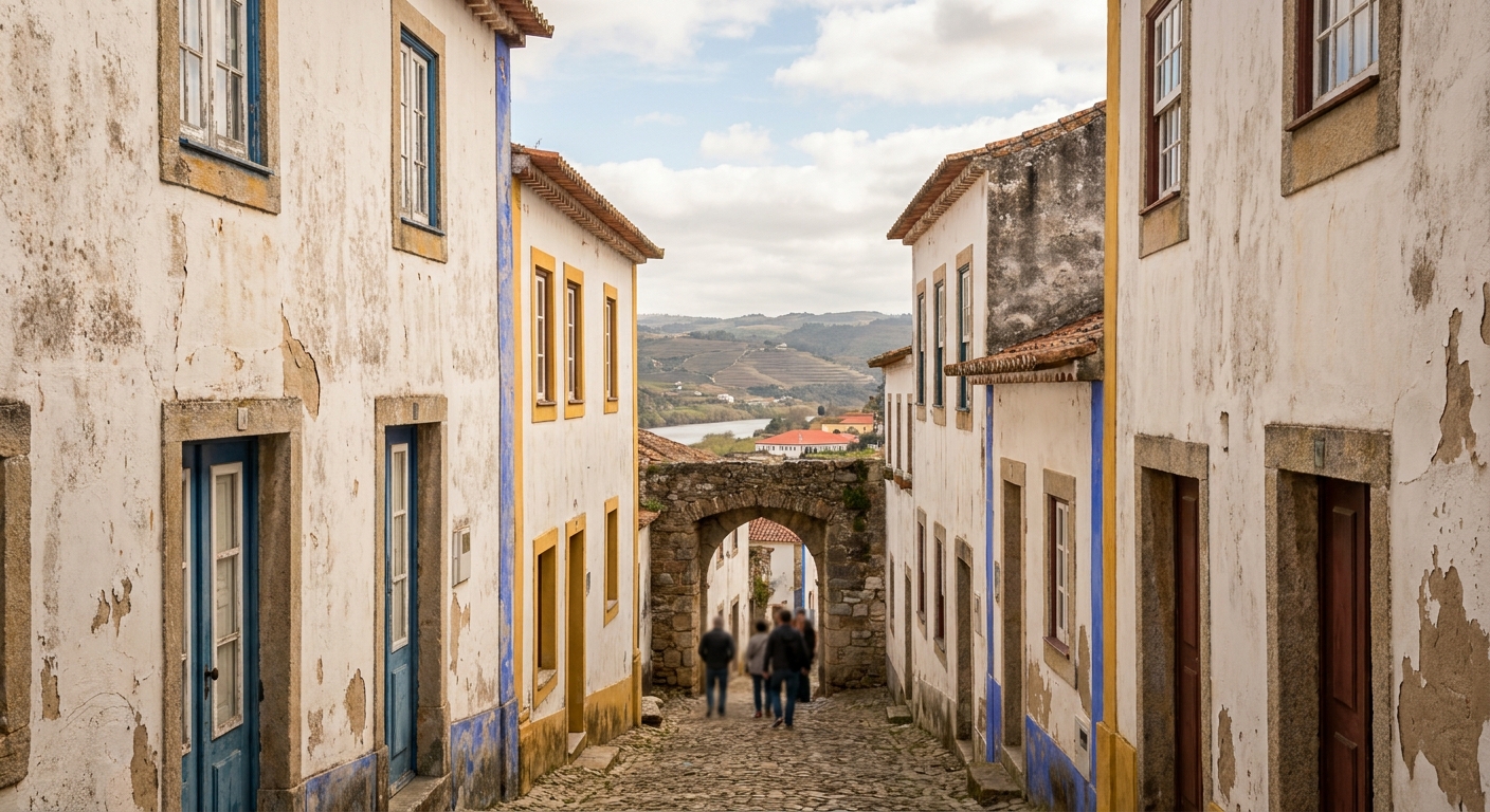 Whitewashed houses with blue and yellow painted trim along a narrow cobbled street inside a walled town