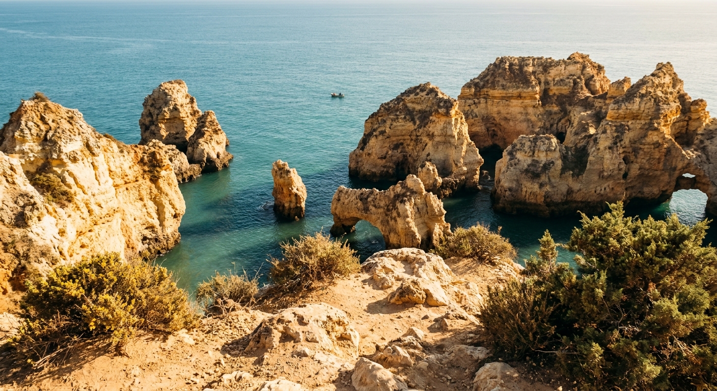 Golden sandstone sea stacks and arches rising from calm water below a low headland