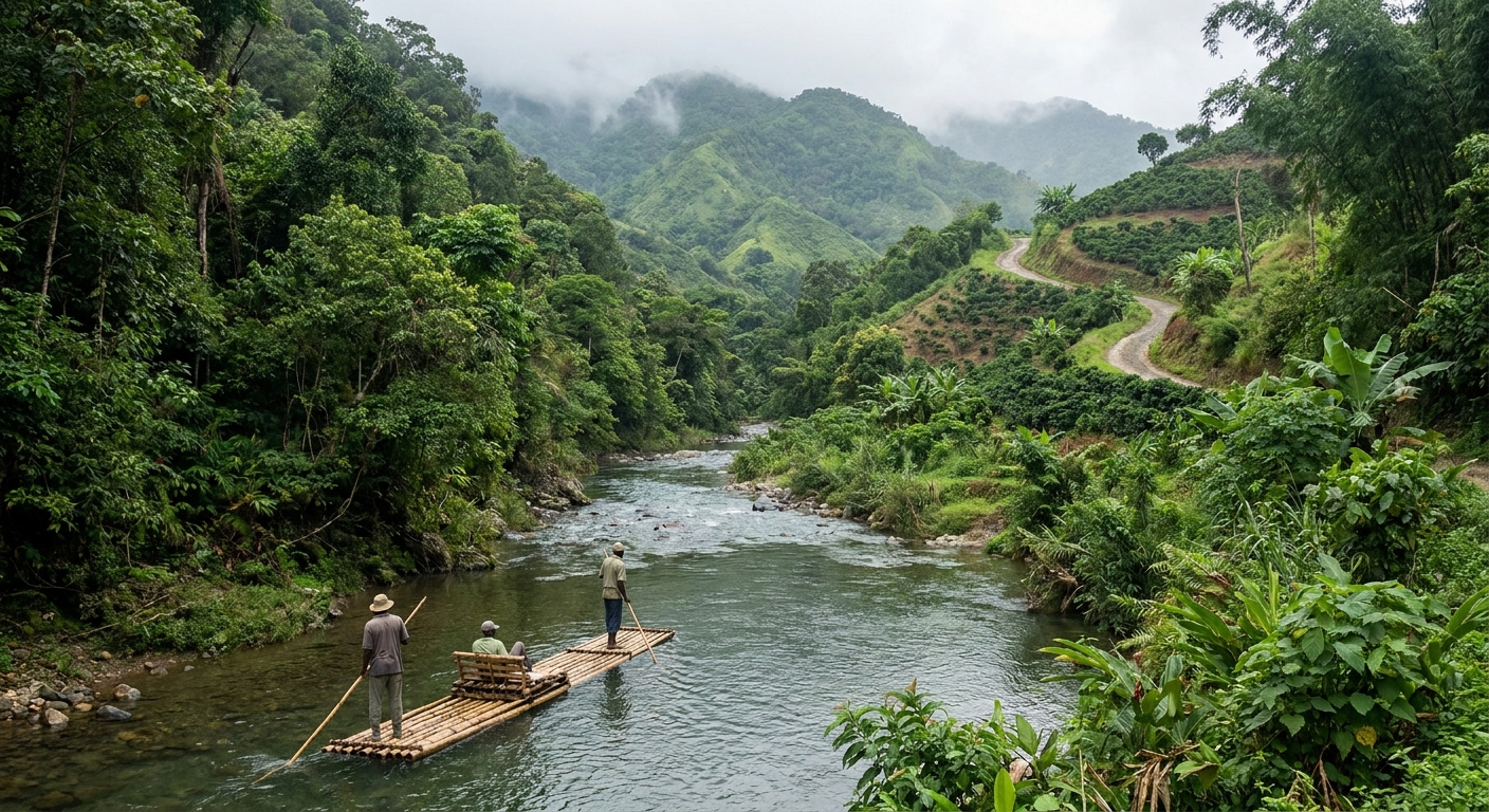 A bamboo raft poling down the Rio Grande between steep forested banks near Port Antonio