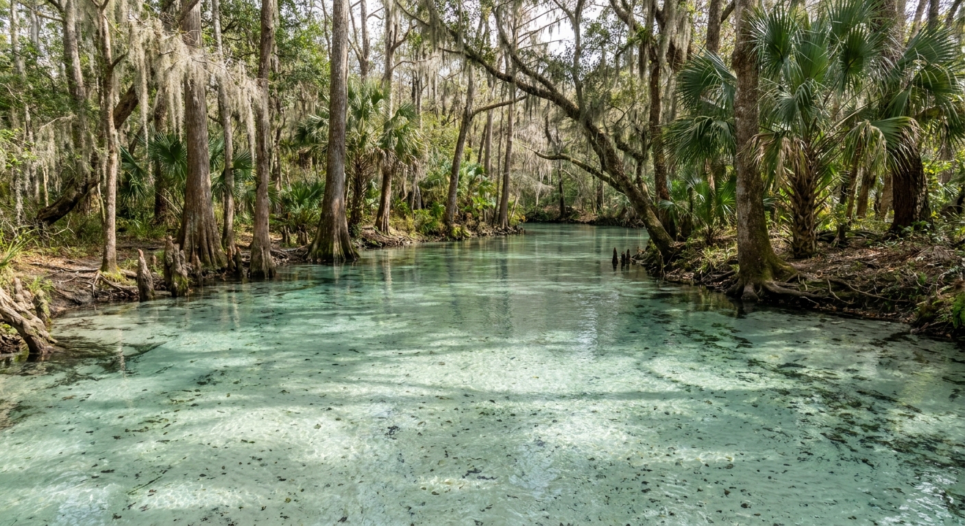 Clear spring water over white sand with cypress and palms lining a Florida spring run