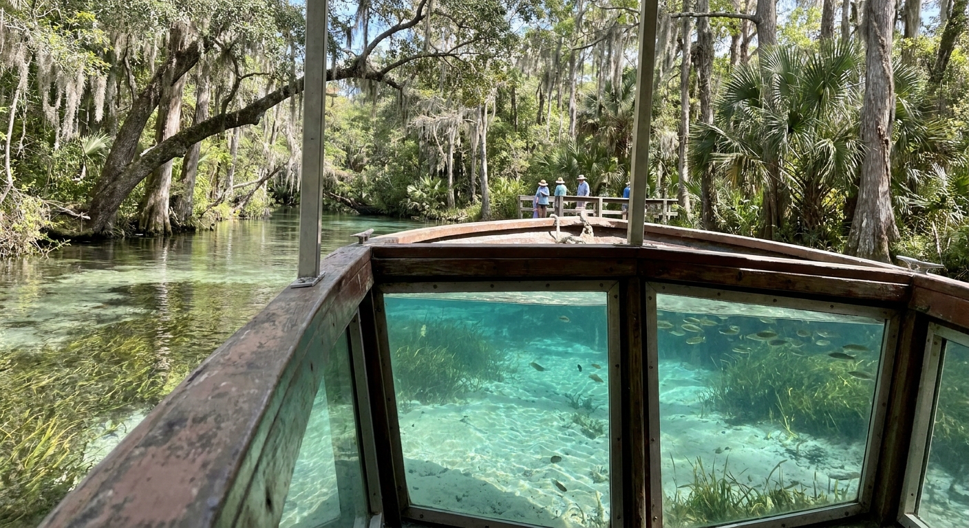 A glass-bottom boat on very clear spring water with submerged grasses and pale sand visible below the surface