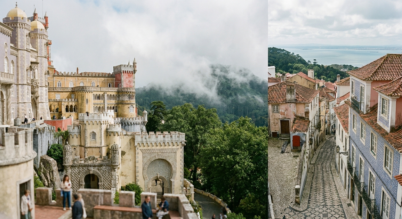 Towers of a hilltop palace rising above a forested ridge with low cloud drifting across the treetops