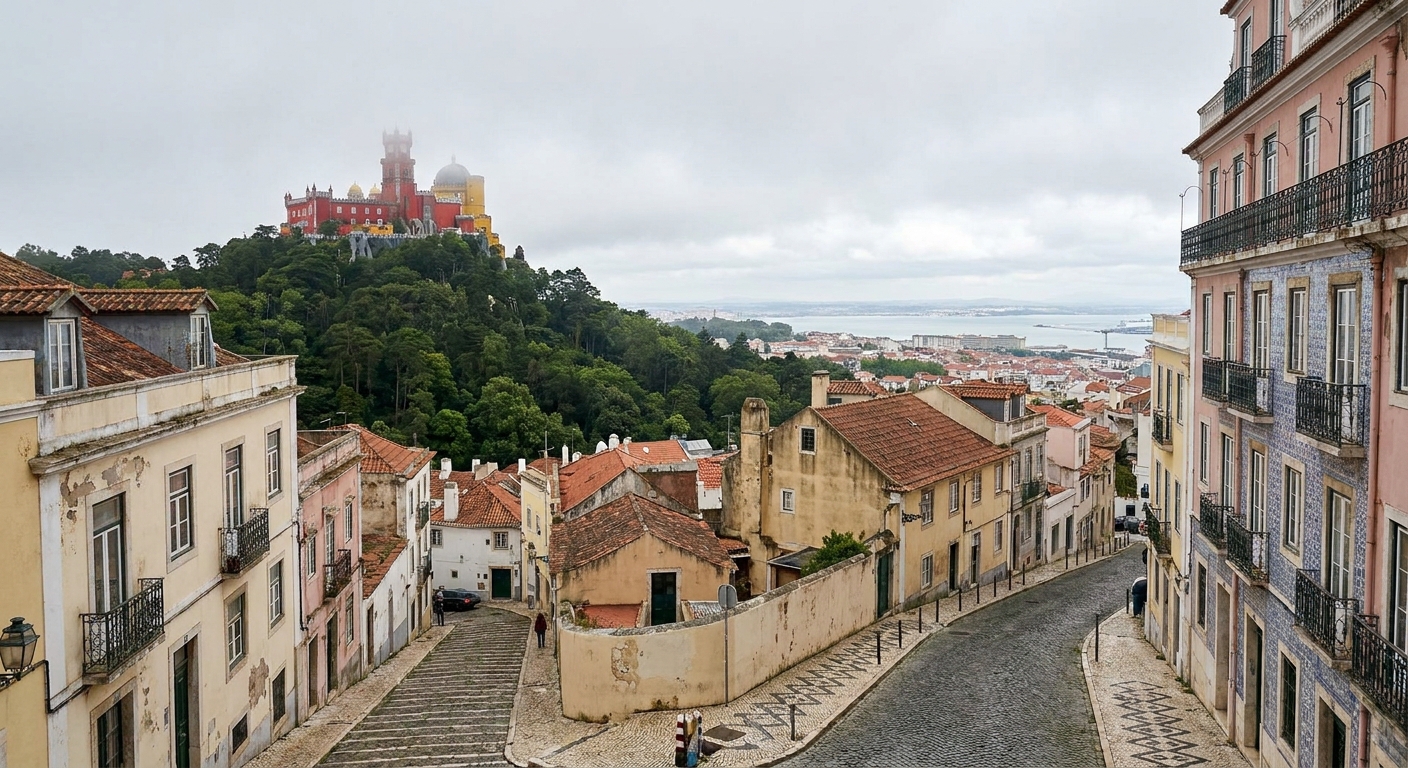 The red and yellow towers of Pena Palace above wooded hills with low cloud drifting past