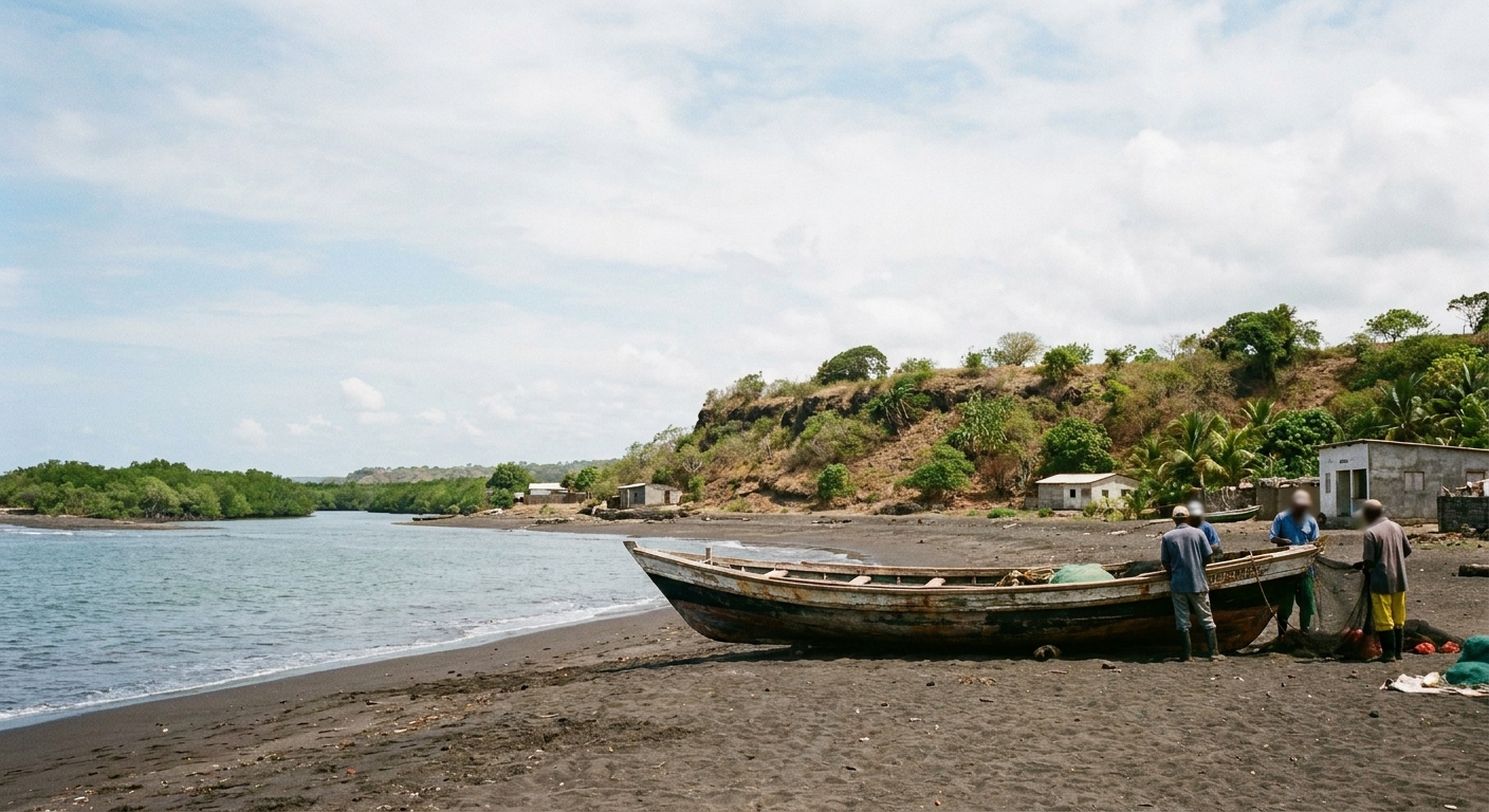 A fishing boat pulled up on a dark sand beach below a low bluff on Jamaica's south coast