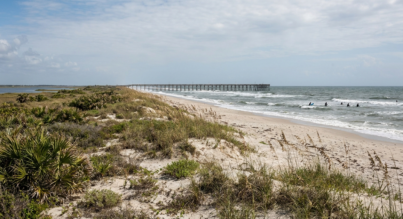 Surfers waiting for a wave off a wide Atlantic beach with a fishing pier in the distance