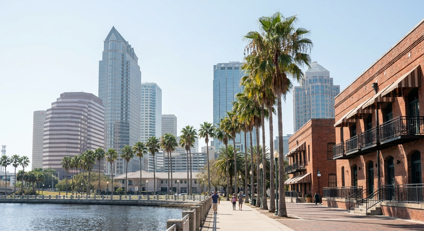 Palm trees along the Hillsborough River waterfront with downtown Tampa towers behind under a clear sky