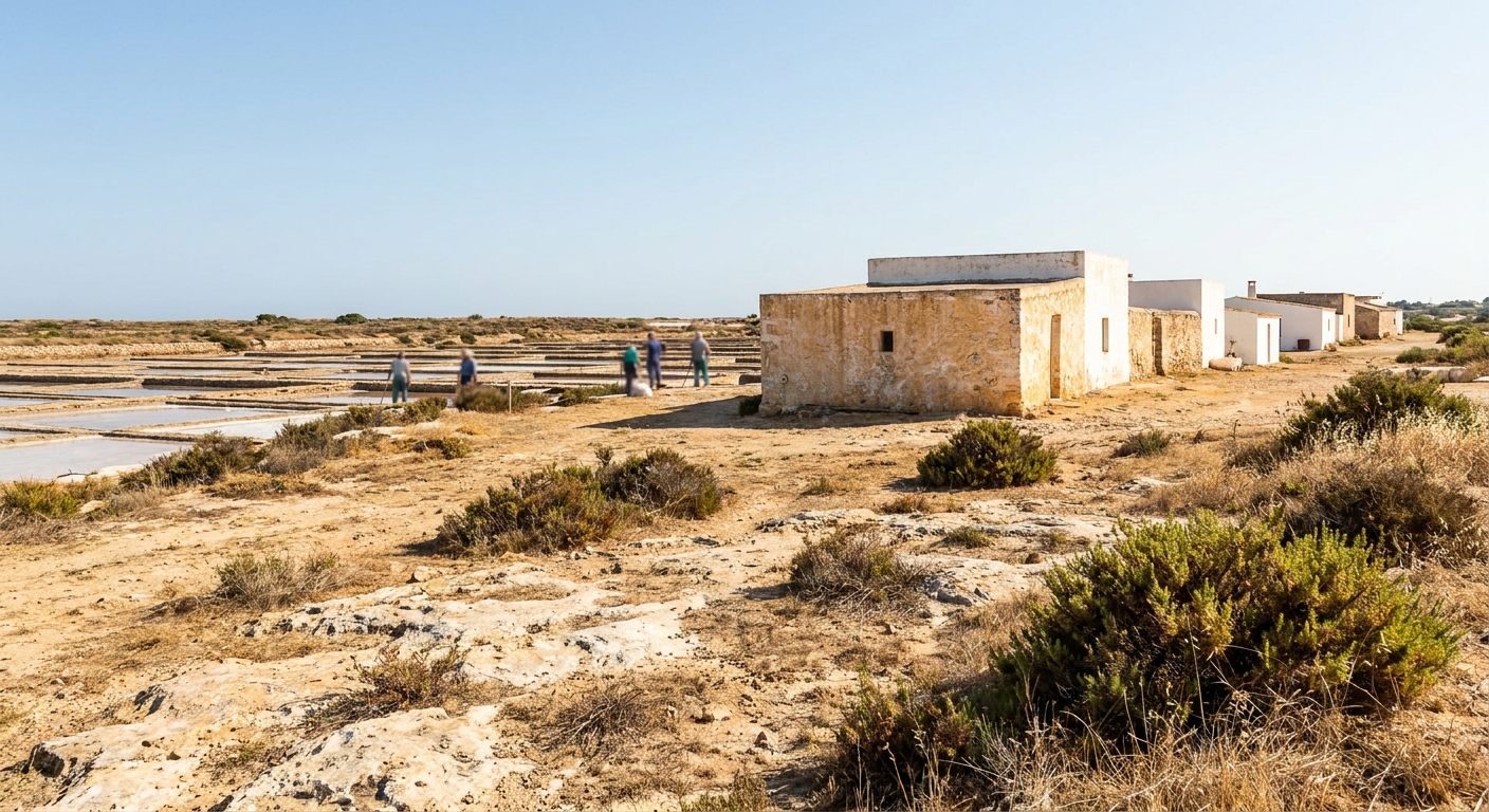 Salt pans and low white buildings on the flat coast east of Tavira under clear sky