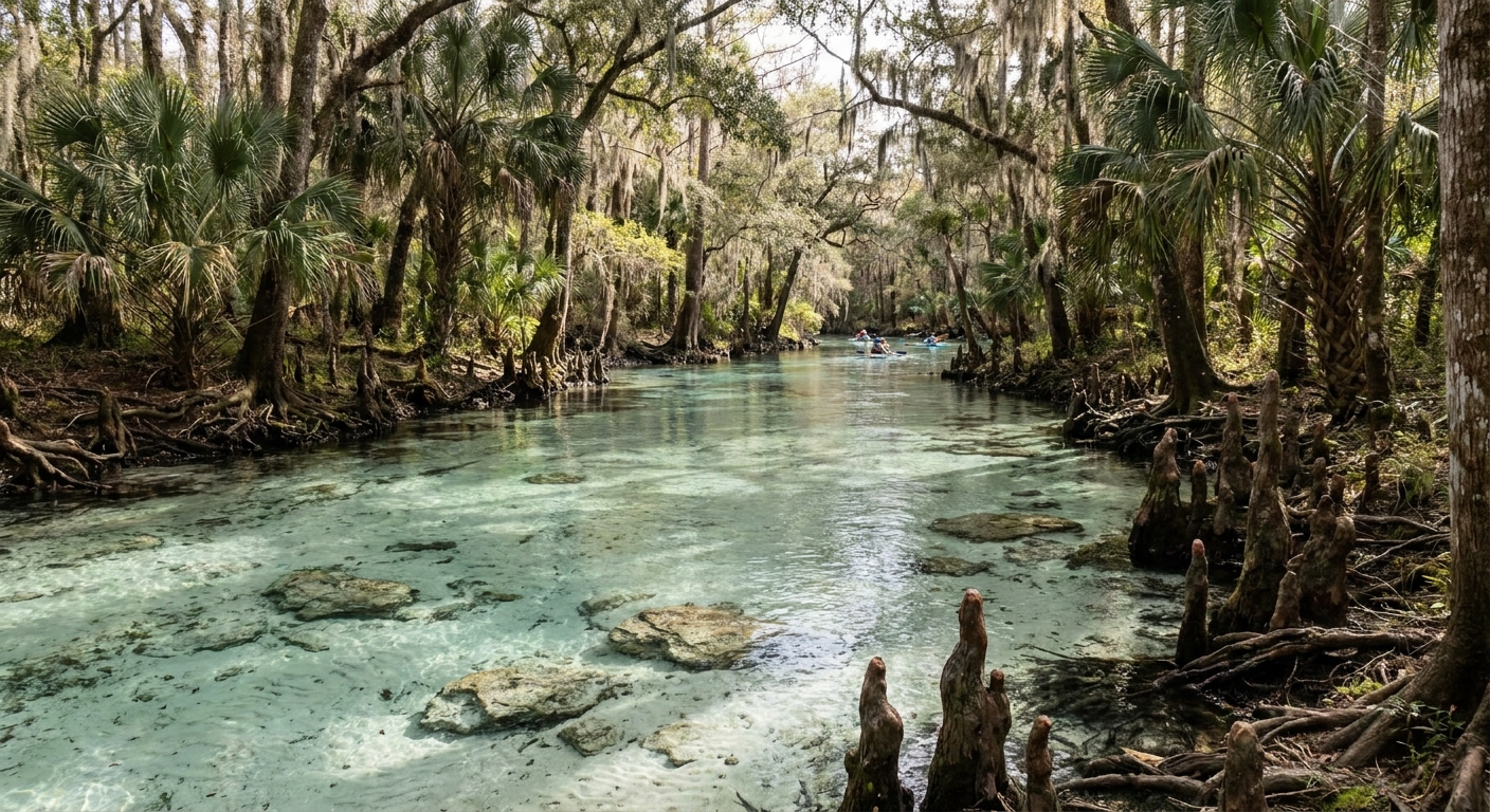 Clear spring water over pale limestone with cypress and oak along the bank