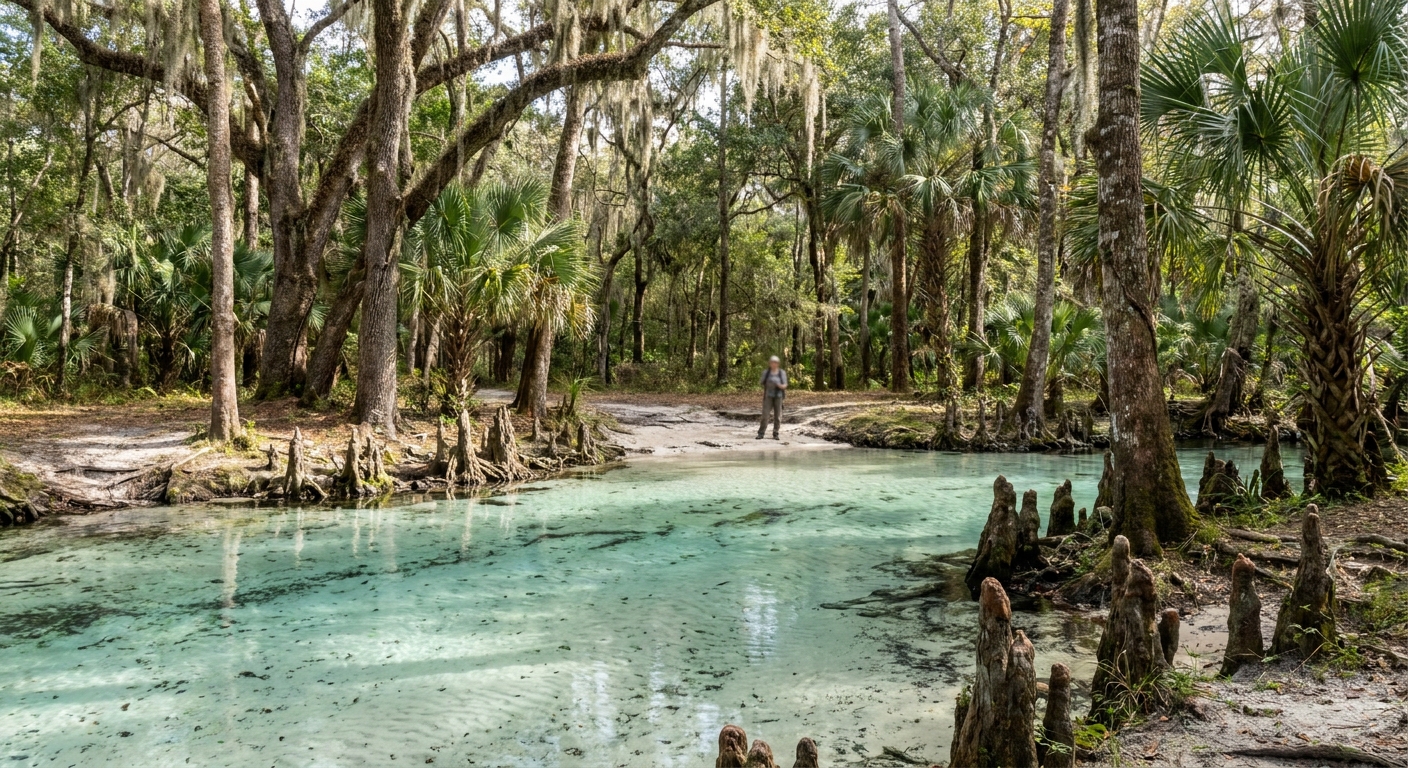 A shallow mineral spring pool ringed by palms and low shoreline vegetation in southwest Florida