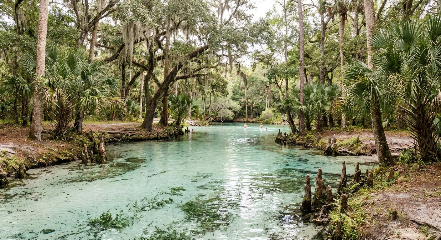 Clear spring water in a sandy swimming basin ringed by oaks and palmettos