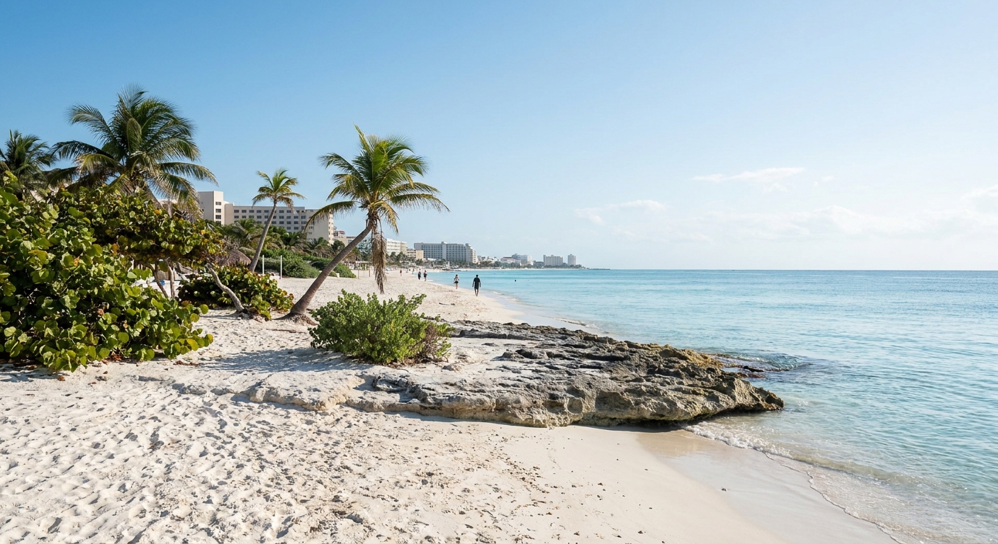 Turquoise Caribbean water and white sand along the Cancun Hotel Zone under a bright morning sky