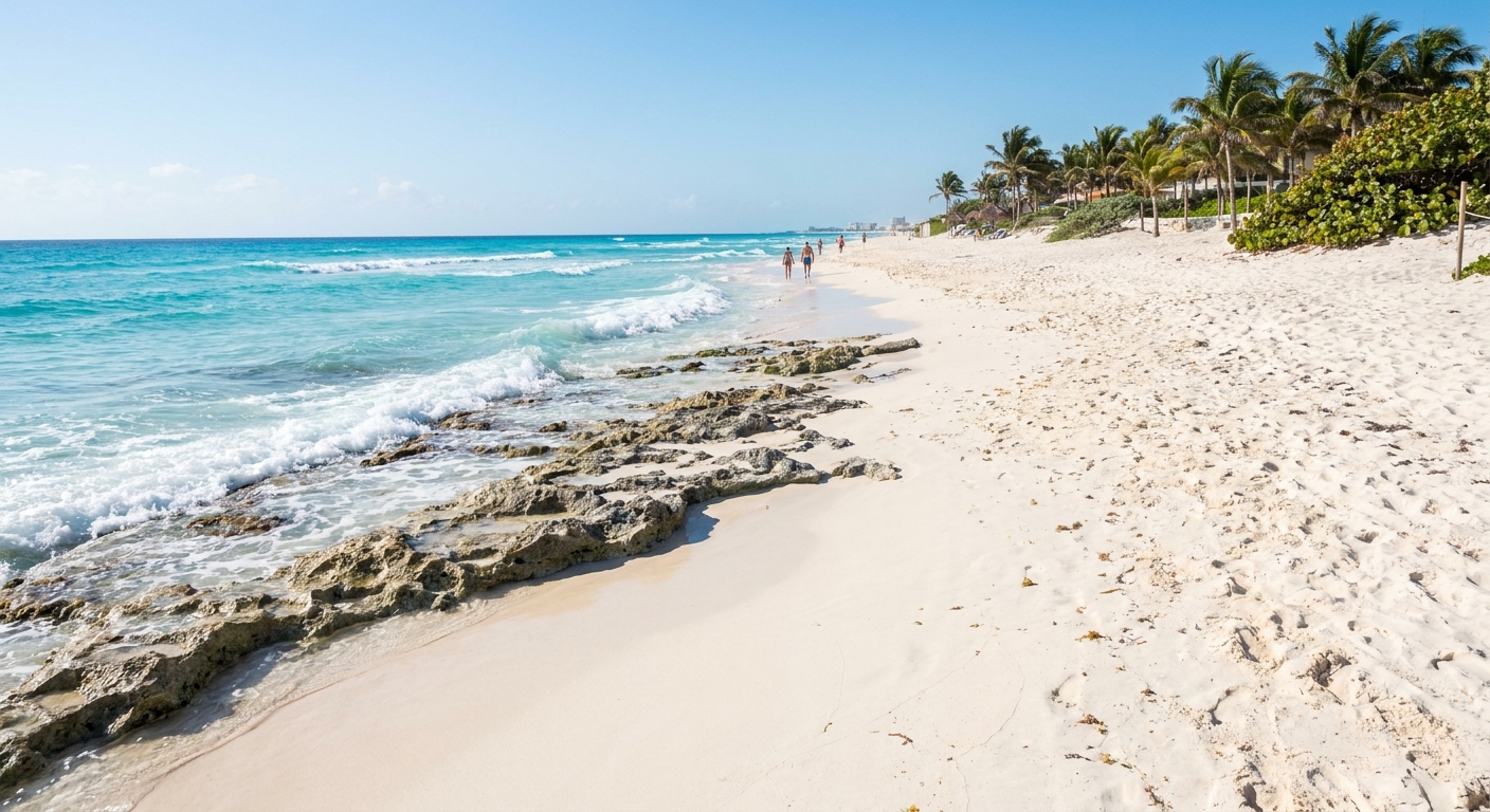 Turquoise Caribbean water breaking on a wide white sand beach in Cancun's hotel zone