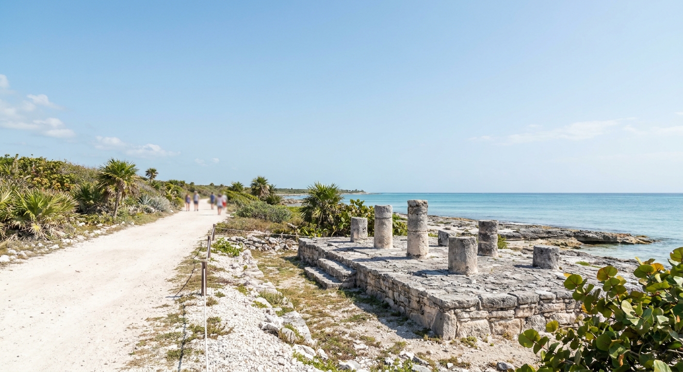 Low stone platforms and columns of a small Maya archaeological site beside a coastal road