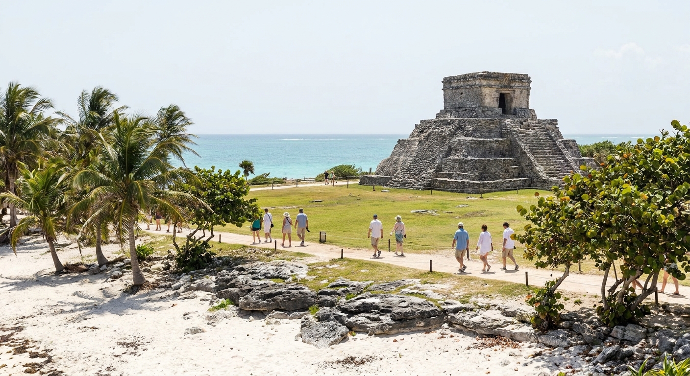 Stone pyramid at a Yucatan archaeological site with visitors crossing the open grass plaza