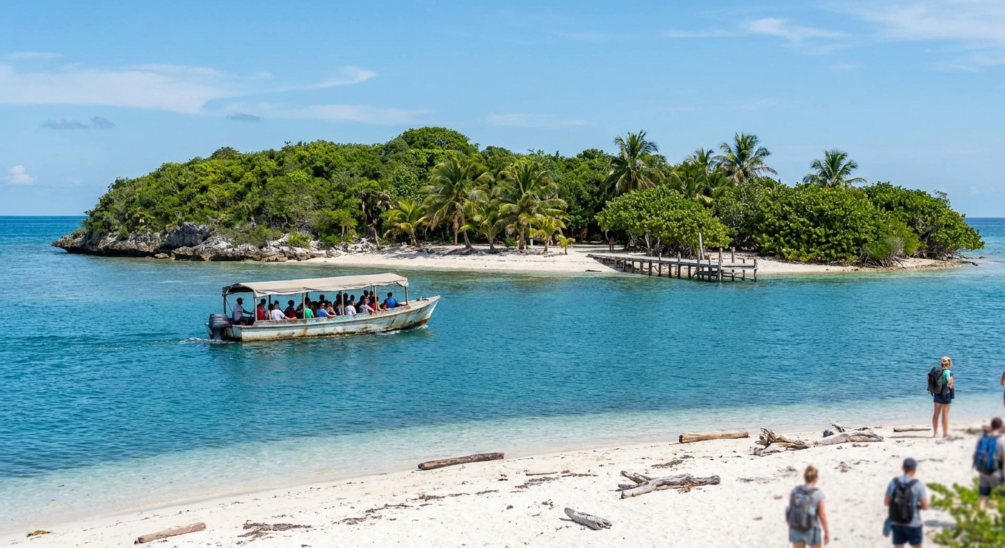 A passenger ferry crossing calm turquoise water toward a low green island