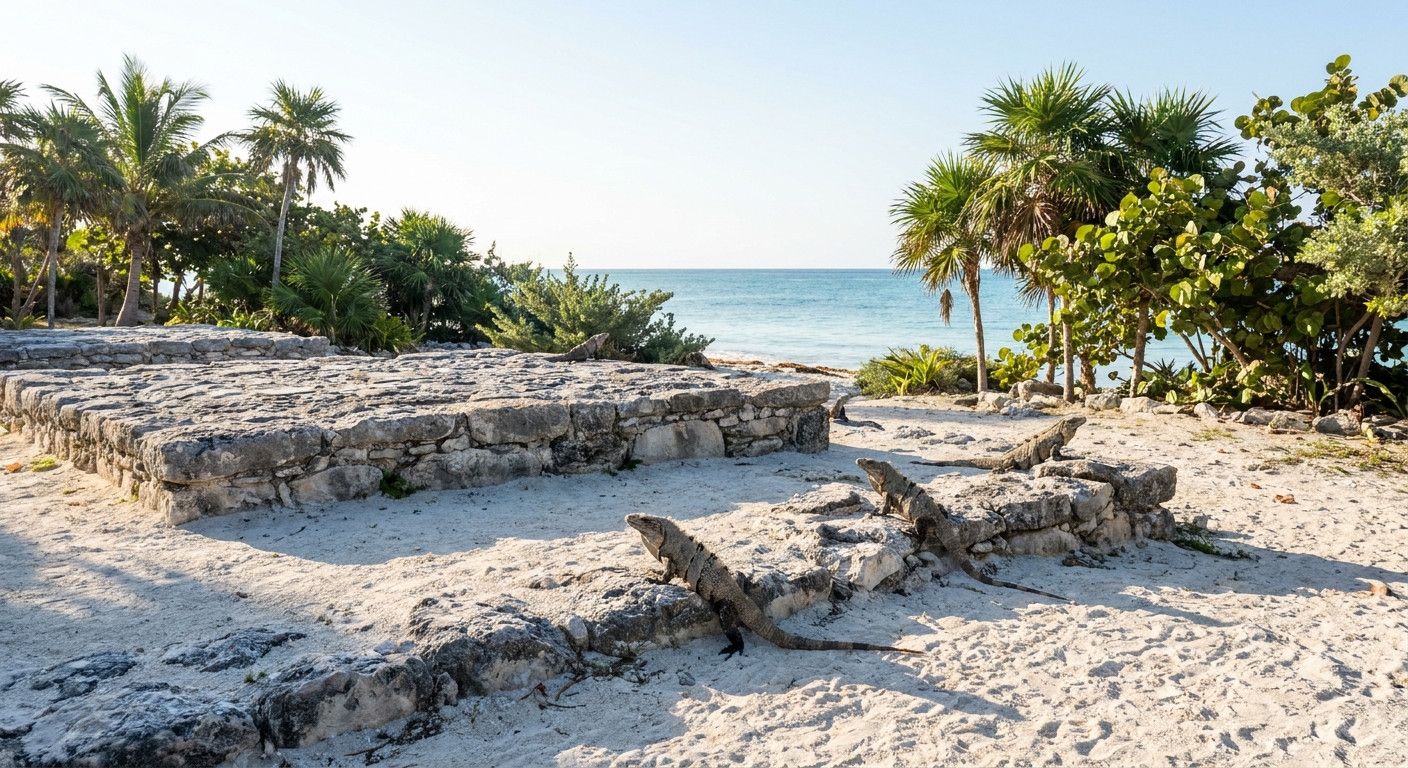 Low Maya stone platforms and iguanas at a small coastal archaeological site with palms behind