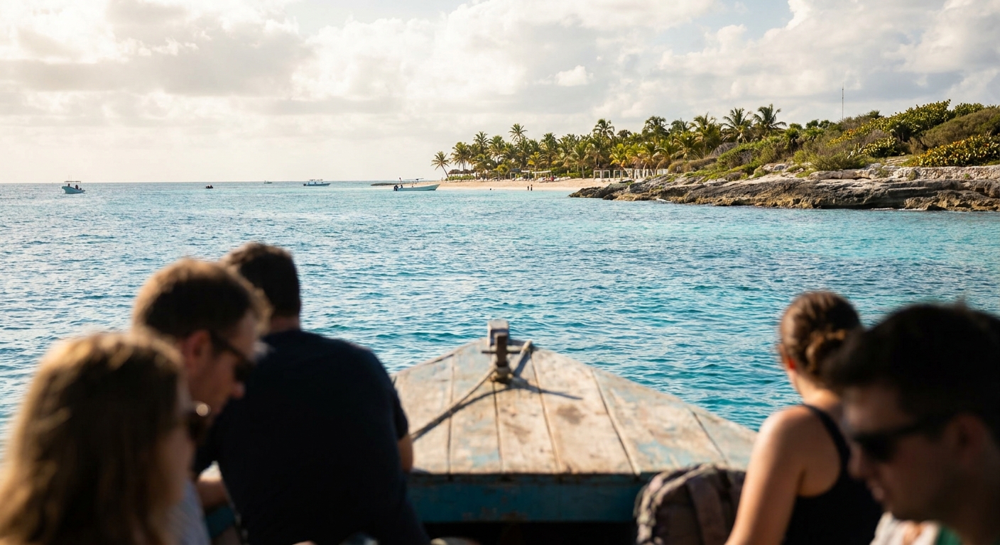 A passenger ferry crossing calm blue water from Cancun toward Isla Mujeres in the morning