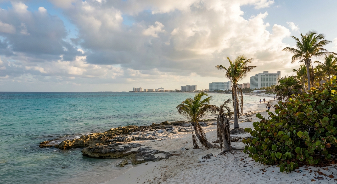 Turquoise water and pale sand along the Cancun hotel zone under a building afternoon cloud