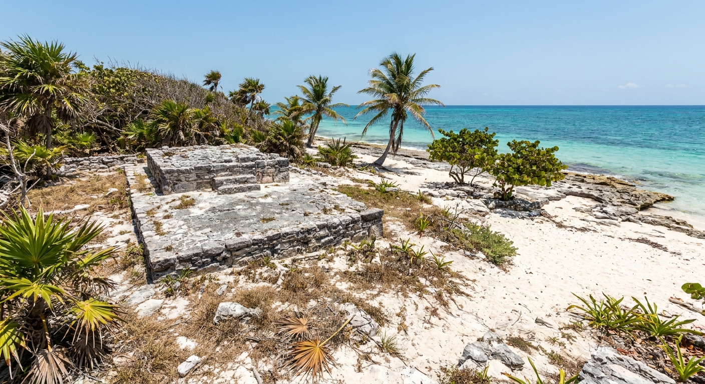Low stone platforms of a small coastal Maya ruin surrounded by dry grass and palms