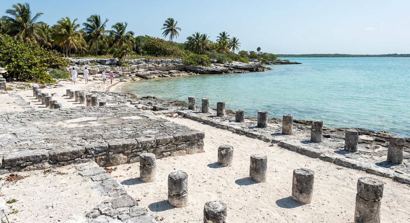 Stone platforms and rows of low columns at a small Maya archaeological site beside a lagoon