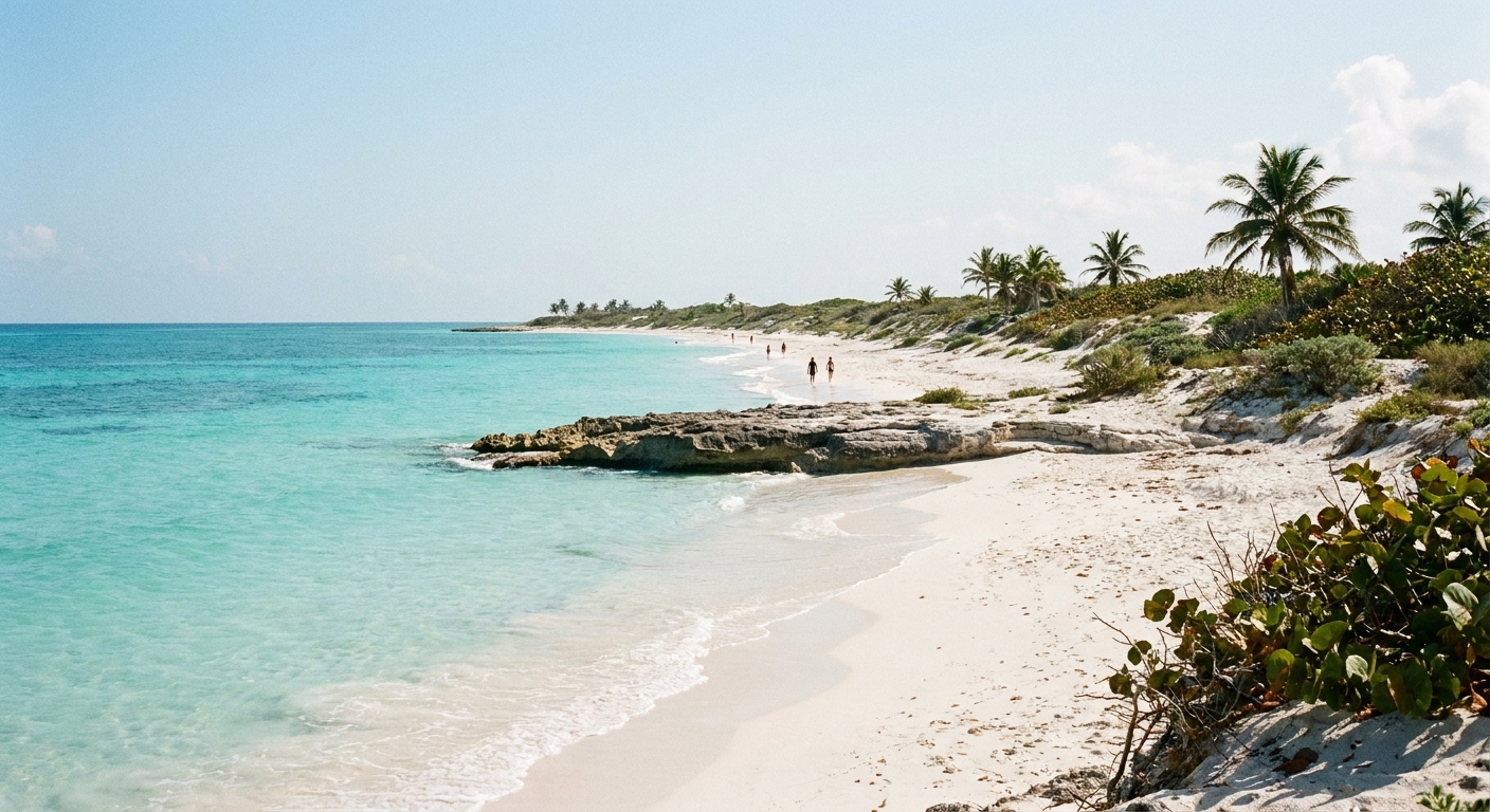 Turquoise Caribbean water breaking on a wide white sand beach backed by low dunes