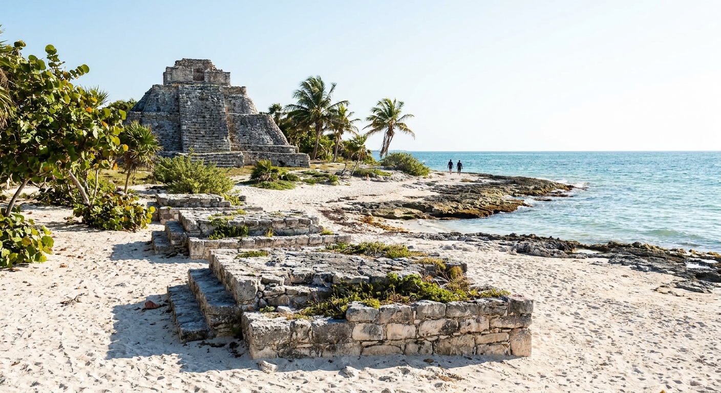 Stone pyramid and low ruined platforms at a Maya archaeological site under bright sun