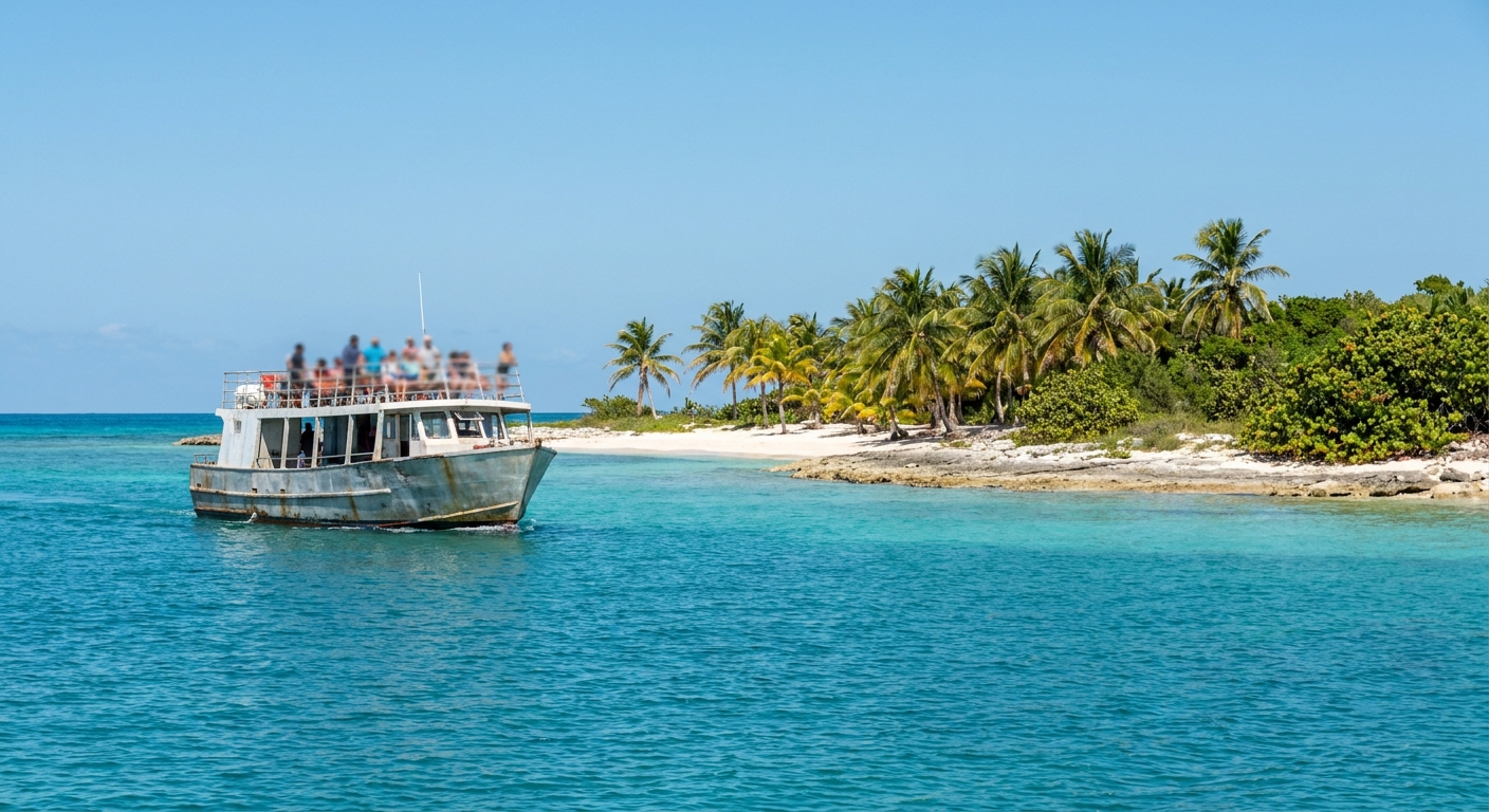 A ferry on calm turquoise water, with the flat palm-covered shore of Isla Mujeres ahead
