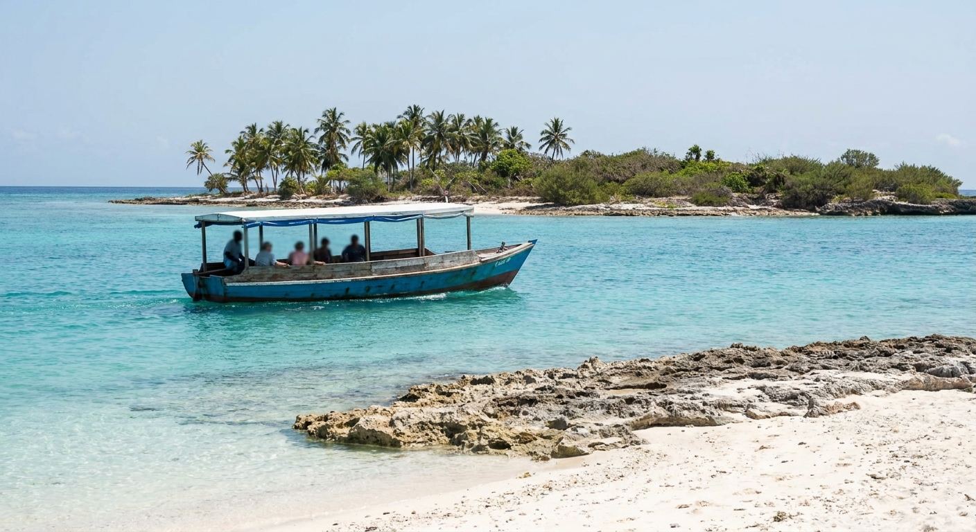 Passenger ferry crossing calm turquoise water toward a low island with palms