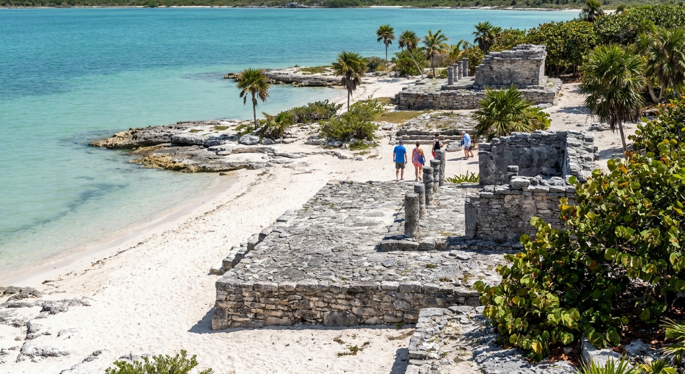 Low stone platforms of a small Maya archaeological site beside a coastal lagoon
