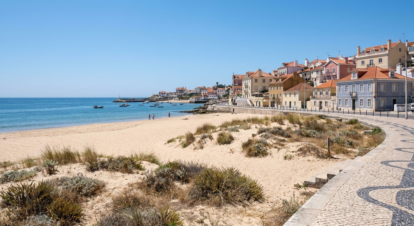 Rocky Atlantic coastline near Cascais with low scrub and clear summer sky