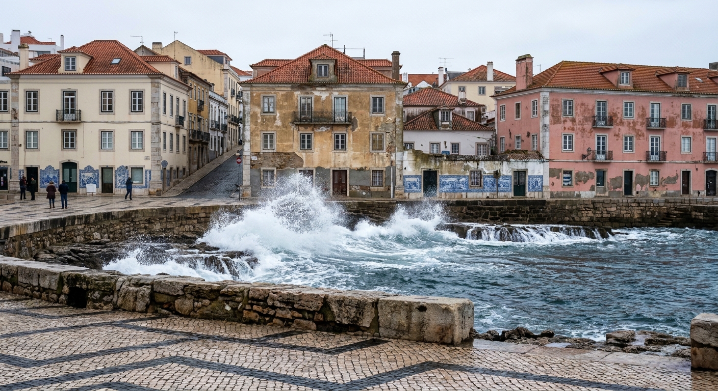Atlantic surf breaking on a low limestone shelf under a winter sky near Cascais