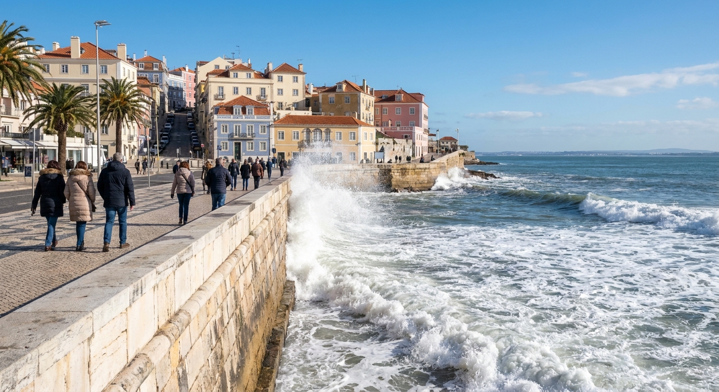 Waves breaking below the marble promenade at Cascais under low winter sun
