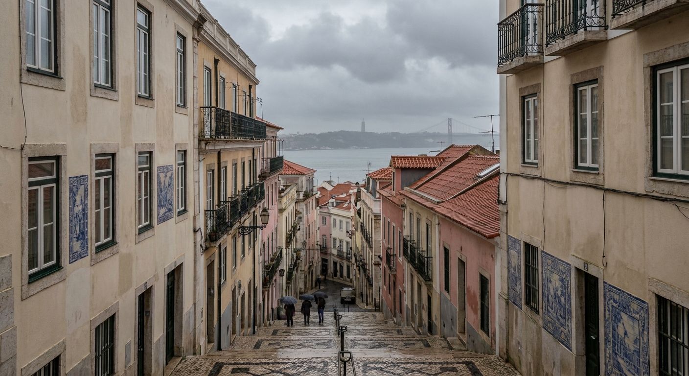 The bay and seafront of Cascais in low winter light, with fishing boats moored close to shore