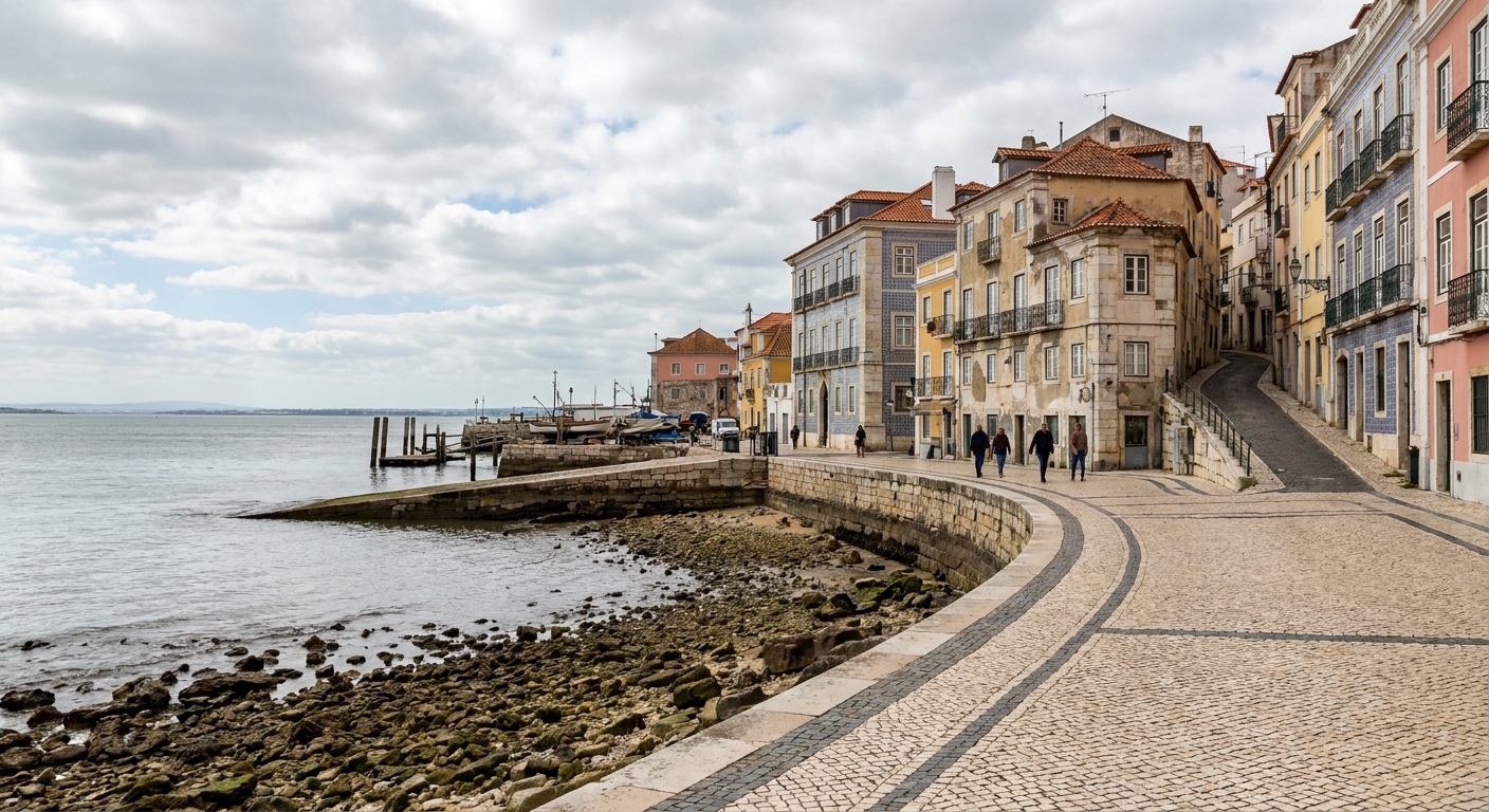 Waves breaking against the rocky shoreline at Cascais under a bright, partly cloudy sky