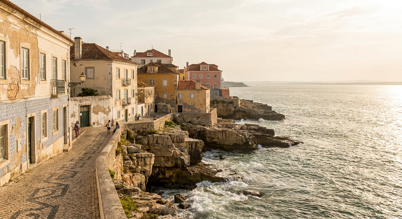 Atlantic swell breaking on the rocky shoreline west of Cascais under a clear sky