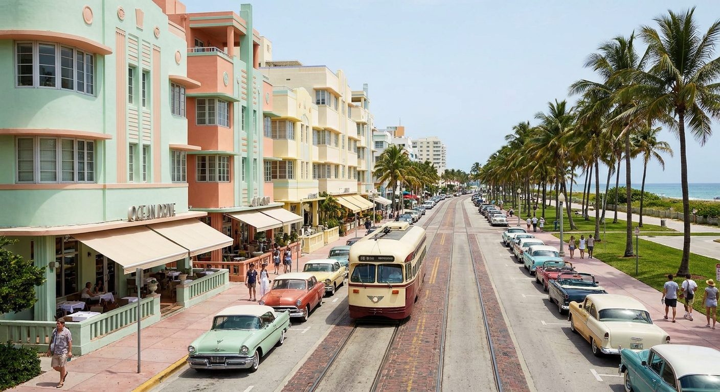 A vintage-style streetcar on tracks along a brick street lined with wrought-iron balconies