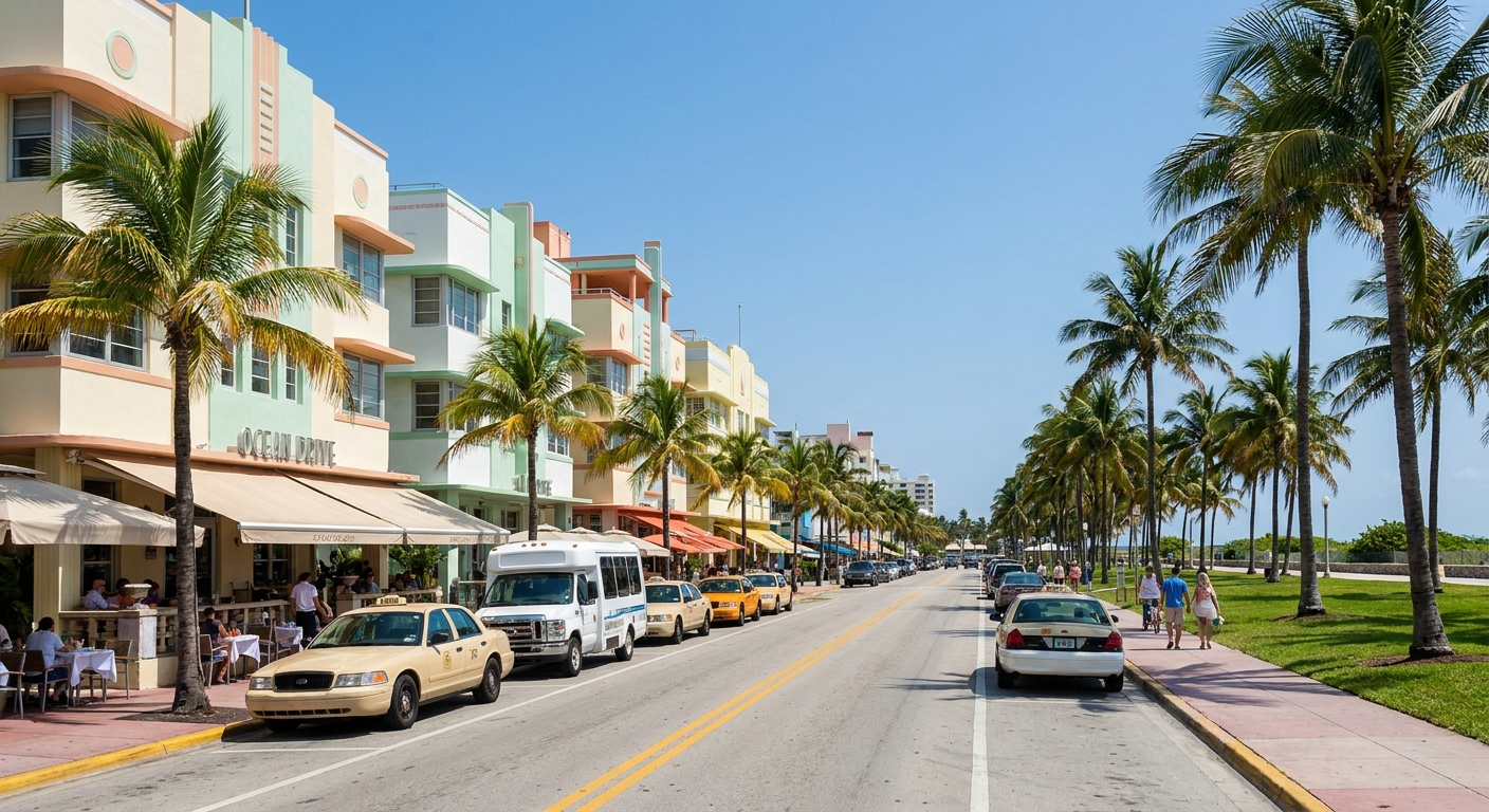 Palm trees along an airport arrivals curb with taxis and a shuttle van waiting under a clear blue sky