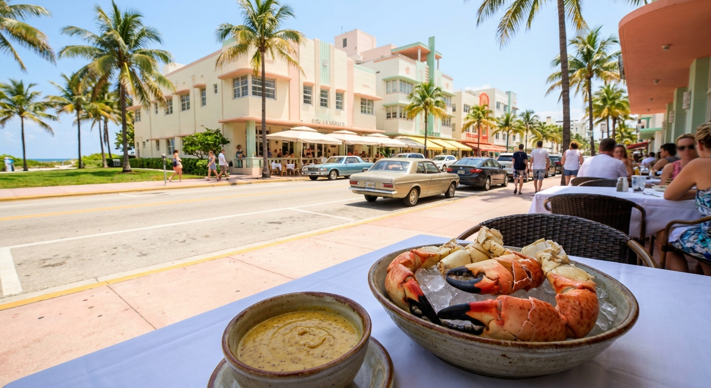 Cracked stone crab claws on crushed ice beside a small bowl of mustard sauce