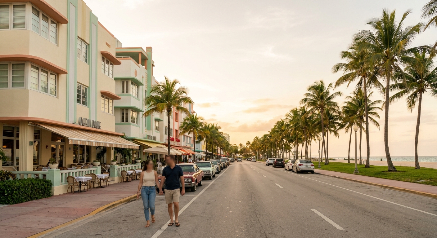 A couple walking hand in hand along a quiet beach at sunset with palm trees behind them